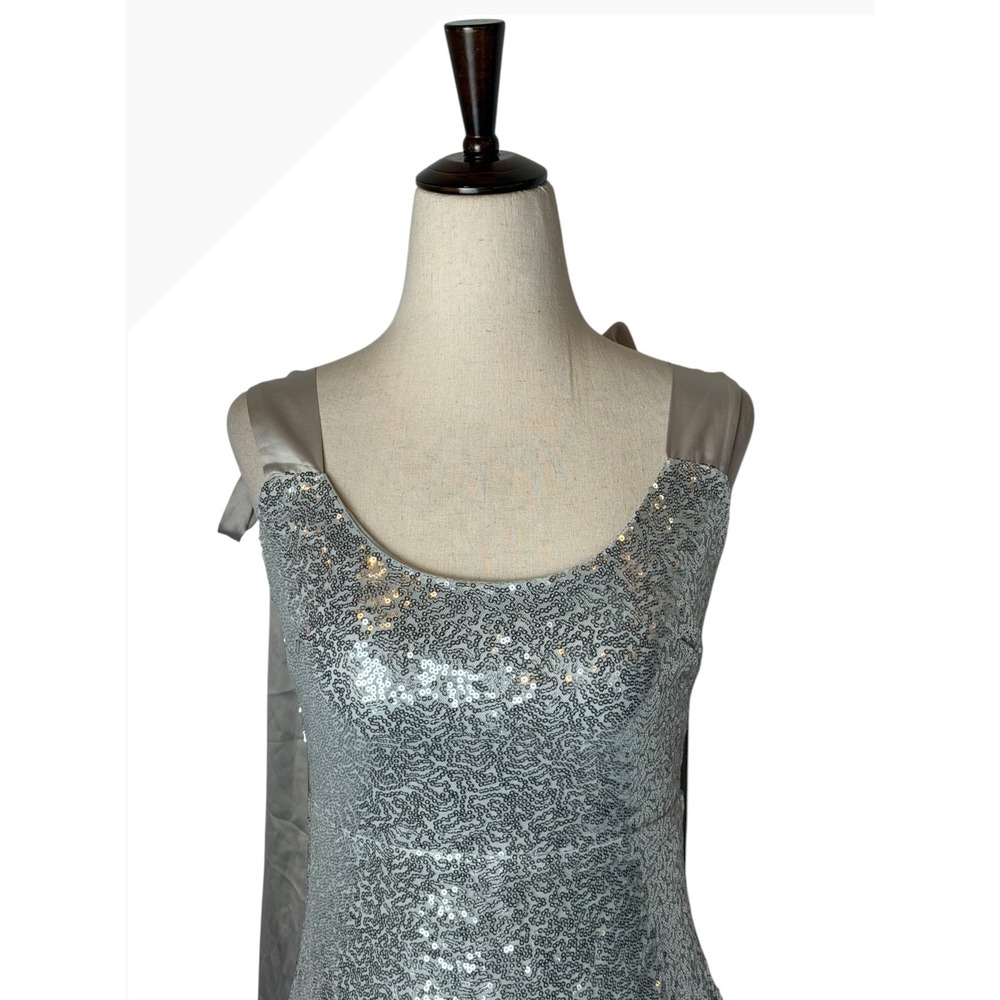 Angel Biba Sequin Maxi Dress Women Small Silver Satin Tie Gown NWT Party - Picture 4 of 13